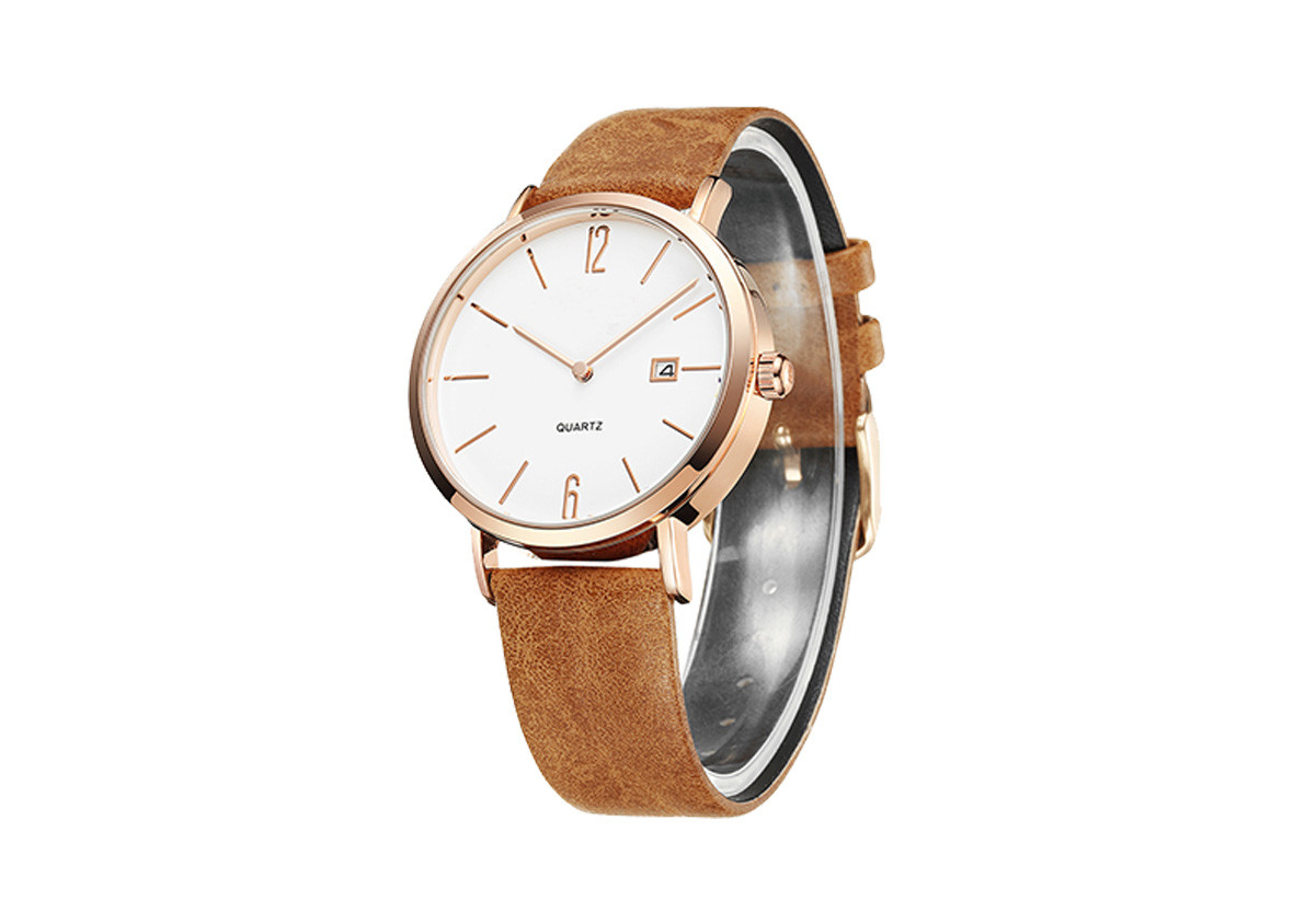 IP Rose Gold Quartz Nature Stainless Steel Wristwatch With Genuine Leather Strap