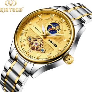 China Buckle Clasp Skeleton Mechanical Watch Gold Dial Moon Phase 3 Pointers factory