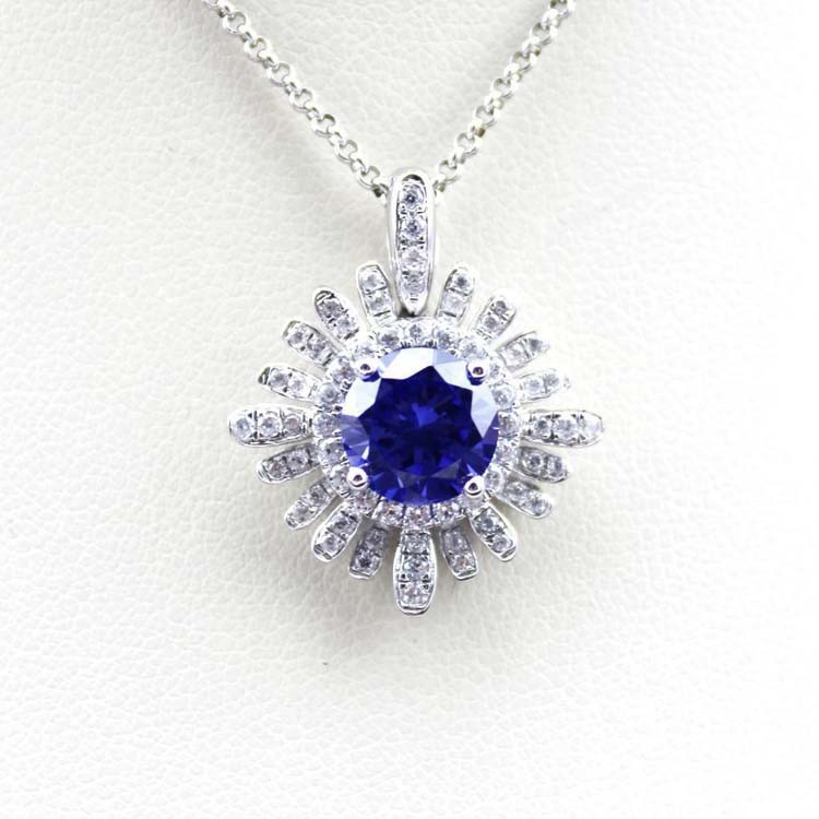 Sterling Silver 8mm Round Blue Topaz CZ Diamonds Pendant Necklace (P07)