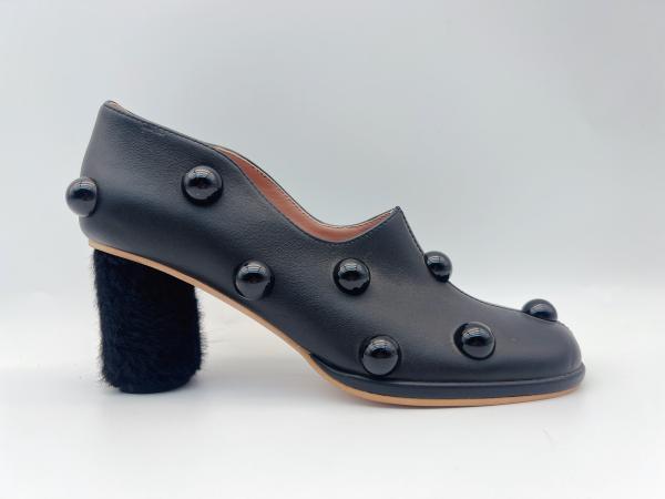 Soft Nappa Leather Women Pumps Shoes Black Low Heel Dress Shoes With Mushroom