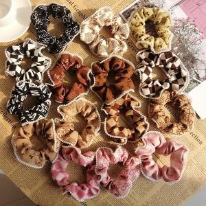 China Fashion Great Handmade Girls Women Grid Letter Pearl Lace Fabric Mickey Scrunchi factory