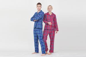 China Lovers Pyjamas Cotton Yarn Dyed Check Flannel Long Sleeve Long Pants Satin Piping Pocket Satin Fabric Covered Buttons factory
