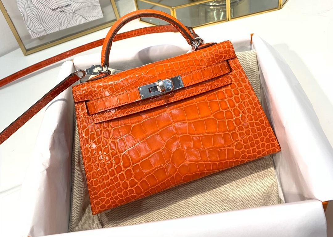 Orange Crocodile Skin Bag , 19cm Genuine Crocodile Leather Bag