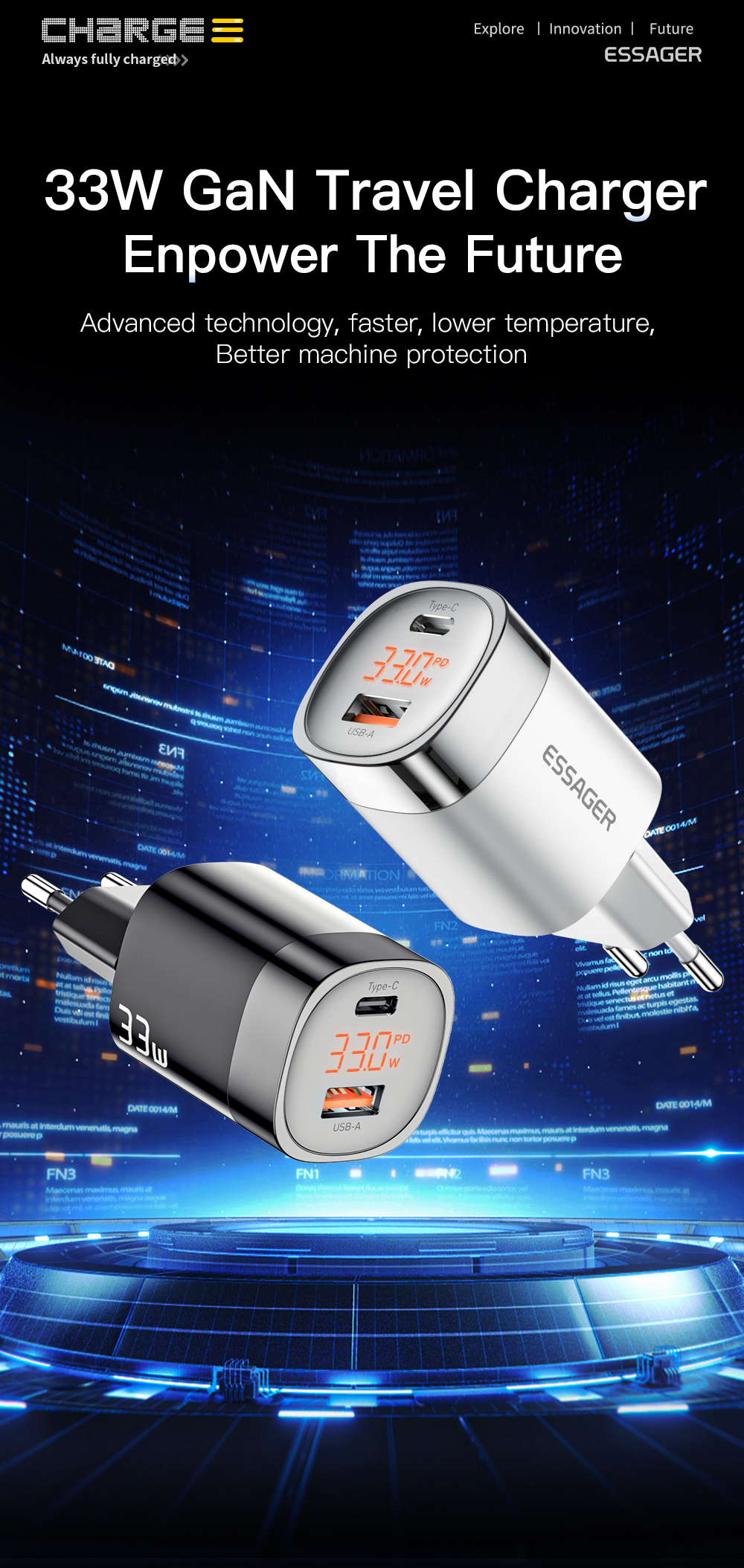 GaN EU US UK Port Digital Display Travel Power Phone Charger Fast Charging 33W With Cable