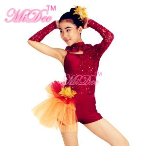 China Asymmetrical Jazz Dress Costumes One Sleeve Sequin Lace Dance Leotards Spandex Short With Side Suttles factory