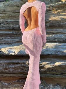 China Wool Woven Open Back Maxi Dress Sexy Hollow Net Hole Long Sleeve Backless Dress on sale