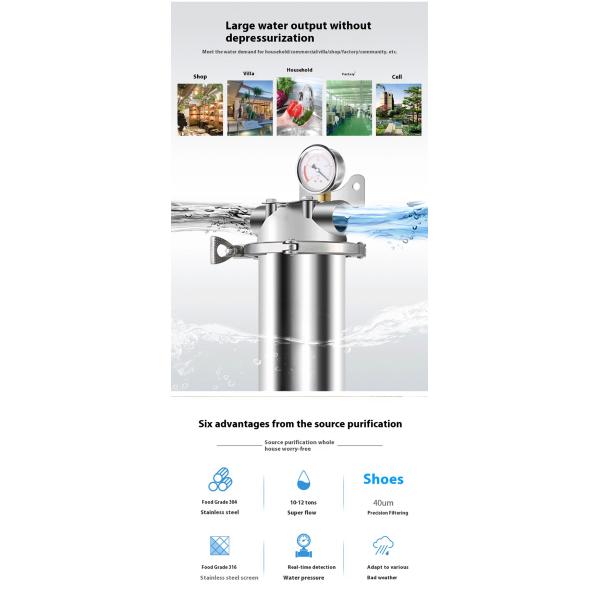 Food Grade 304 Stainless Steel Pre Filter 40 Microns 10Tons Whole House Water Treatment System