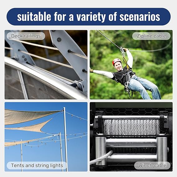Galvanized 1/4" Stainless Steel Cable 50ft 7 X 19 Aircraft Cable for Yard Zipline/Boat Lifts/Deck Railing
