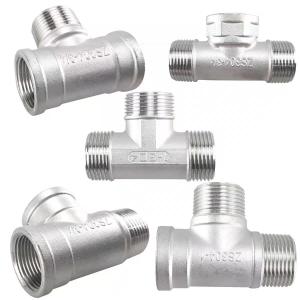 China Casting Stainless Steel Tee Fitting for Water Plumbing Pipe Male Female Threads Equal Size factory