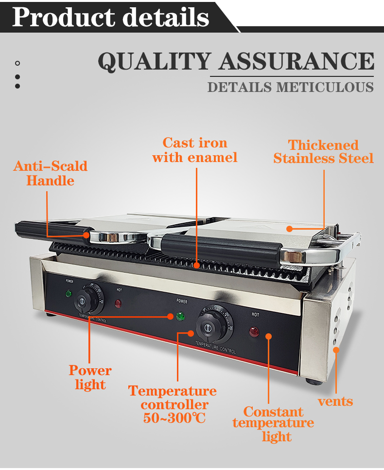 Commercial Kitchen Non-stick Electric Cast Iron Panini Contact Grill with 3600W Power