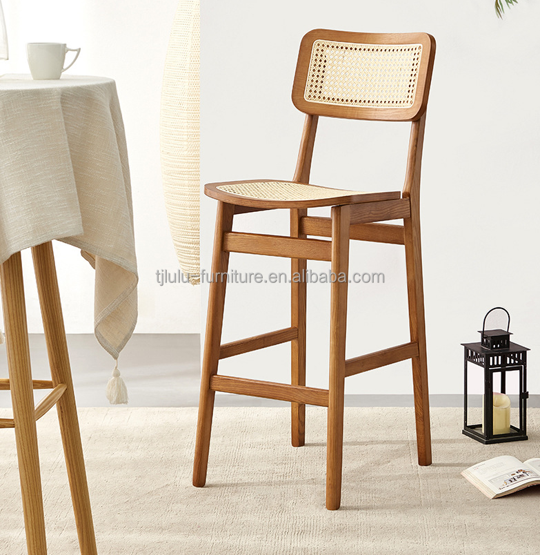 Modern Customized Hotel Dining Room Rattan Furniture Solid Wood High Back Bar Chair for Sophisticated Dining Experience