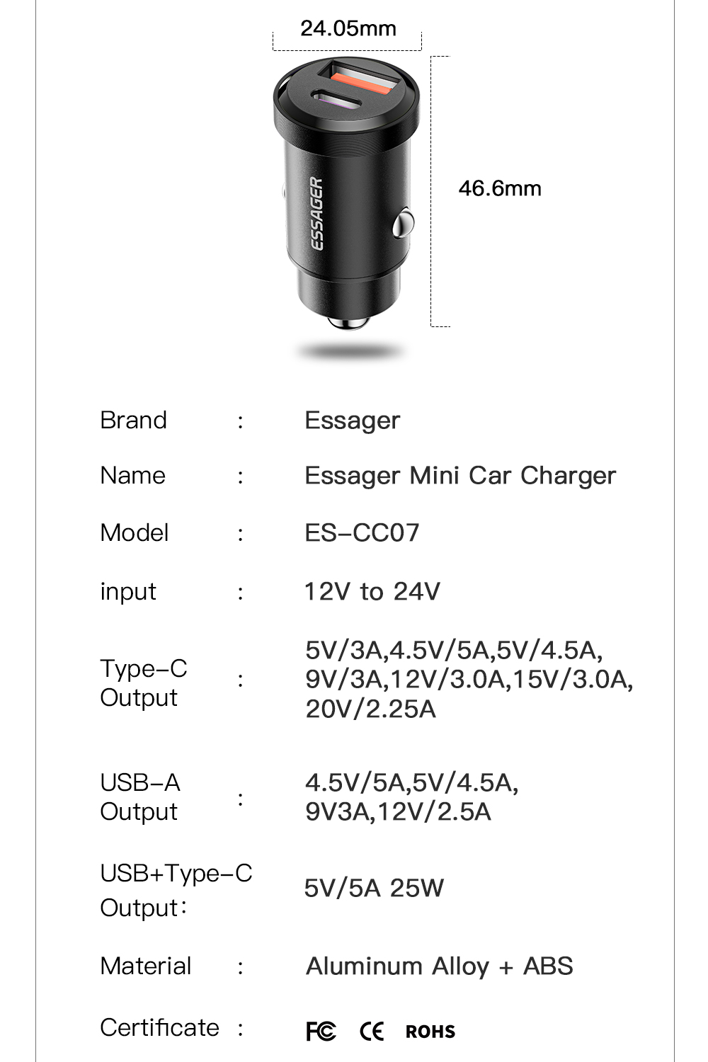 Essager 2022 Gyroscope New USB-A Type-C 30W 45W PD20W Mini Charger Car Charger