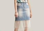 ODM OEM High Waisted Denim Skirt Tulle Mesh PatchedHem Light Indigo Jeans Wrap