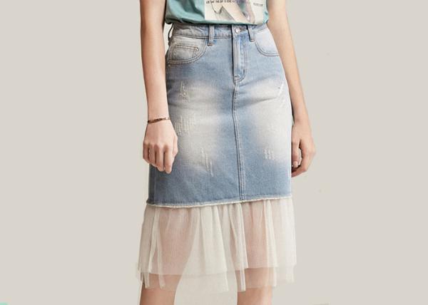 ODM OEM High Waisted Denim Skirt Tulle Mesh PatchedHem Light Indigo Jeans Wrap