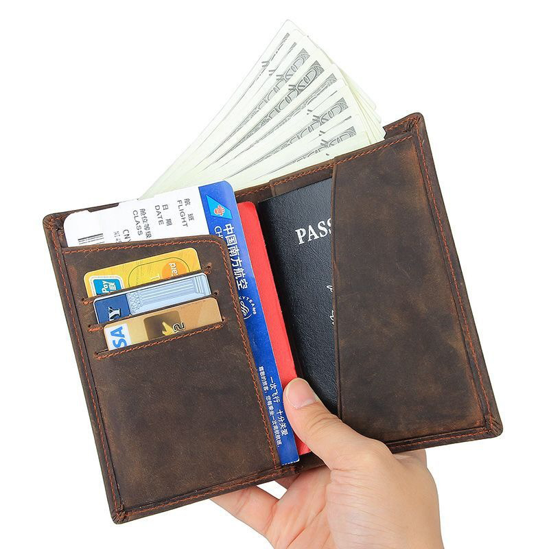 Open Closure RFID Blocking Genuine Leather Passport Wallet for Travel Credit Cards