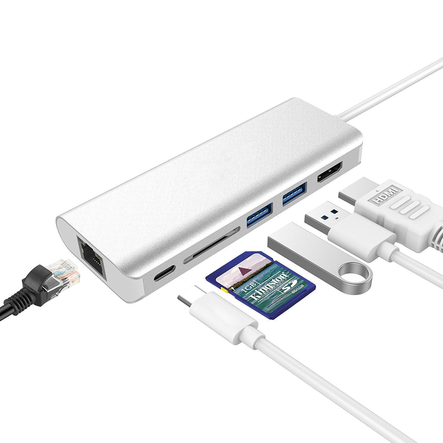 USB C Hub Adapter with 100W Power Delivery Ethernet Port SD Card Reader 4K USB 3.0 Ports for Type C Windows Laptops