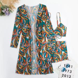 China Ladies Three Piece Swimwear Bikini Solid Color 3 Piece Swimsuit Floral Special Fabric factory