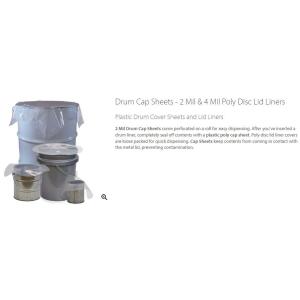 Drum cover dust caps, round bottom drum liners, drum cap sheets, poly disc lid