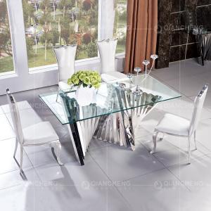 China Rectangular 70 inch Minimalist Glass Dining Table Curve Polished Chrome SS Frame factory