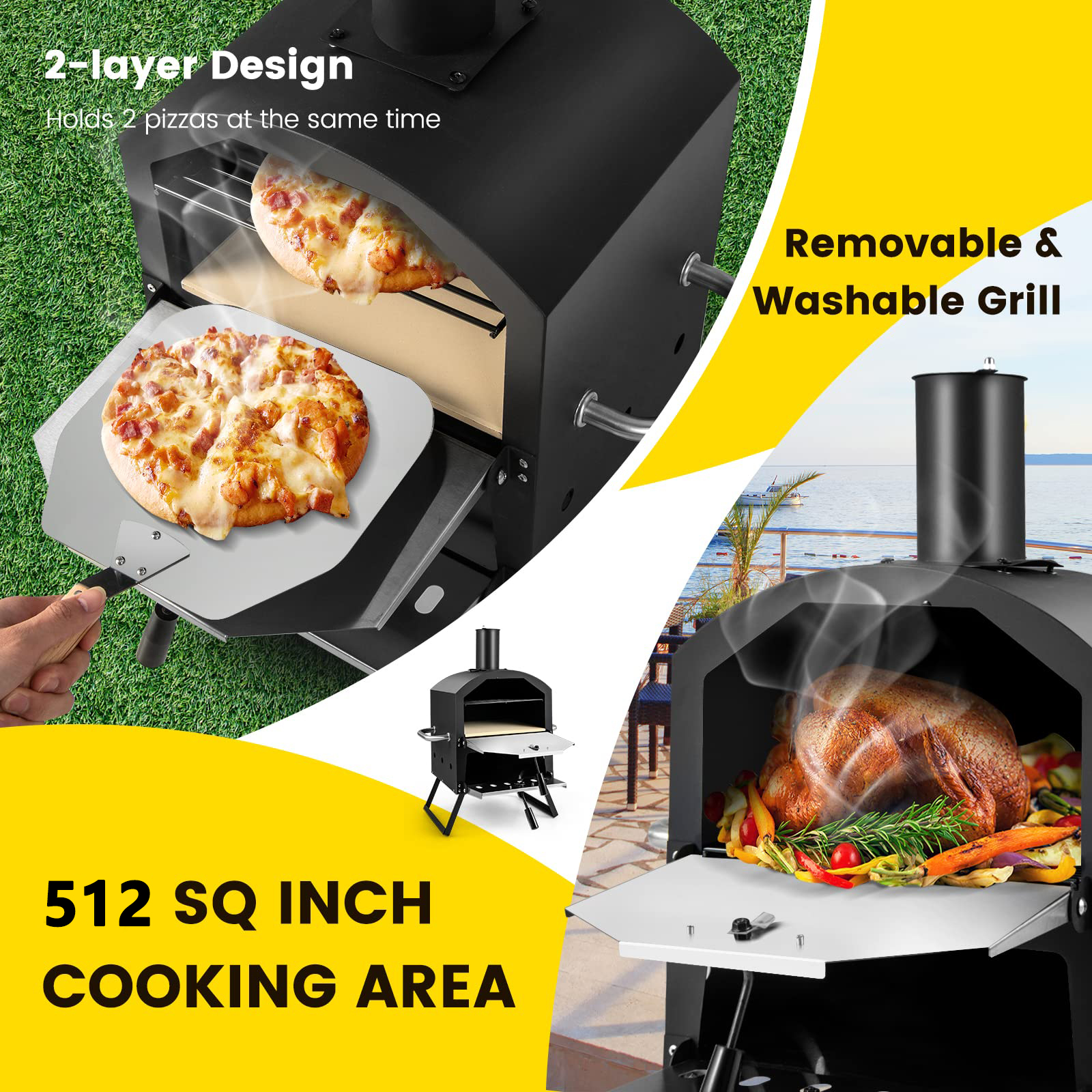 16 Inch Steel Woodfired Pizza Oven BBQ with Stone Peel and Removable Cooking Rack