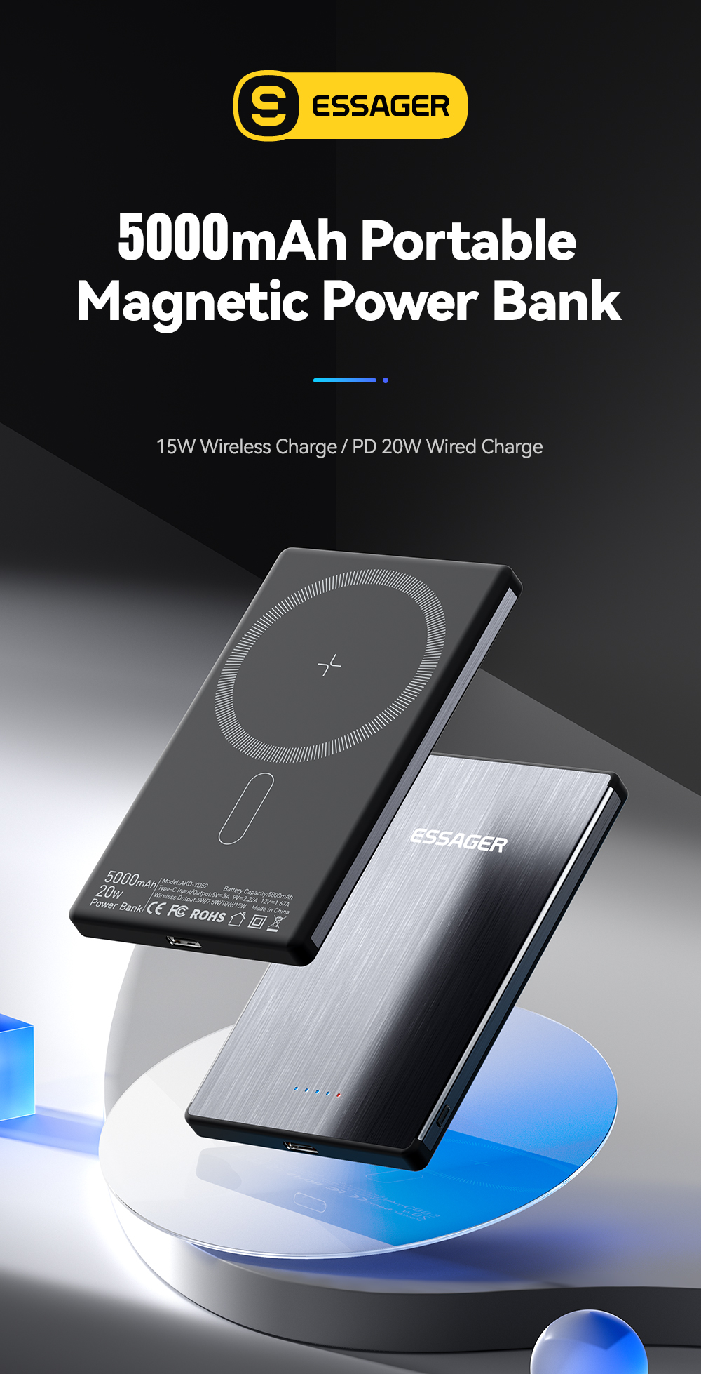 ABS PC Aluminum Alloy Fast Charging Power Bank Ultra Thin Wireless 5000mah