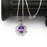Silver Chain Necklace 10mm x14mm Oval Amethyst Cubic Zircon Pendant (PSJ0173 )