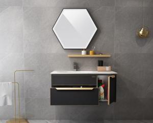 China Wall-Mounted Stainless Steel Bathroom Vanity Cabinet With Hexagonal LED Mirror factory