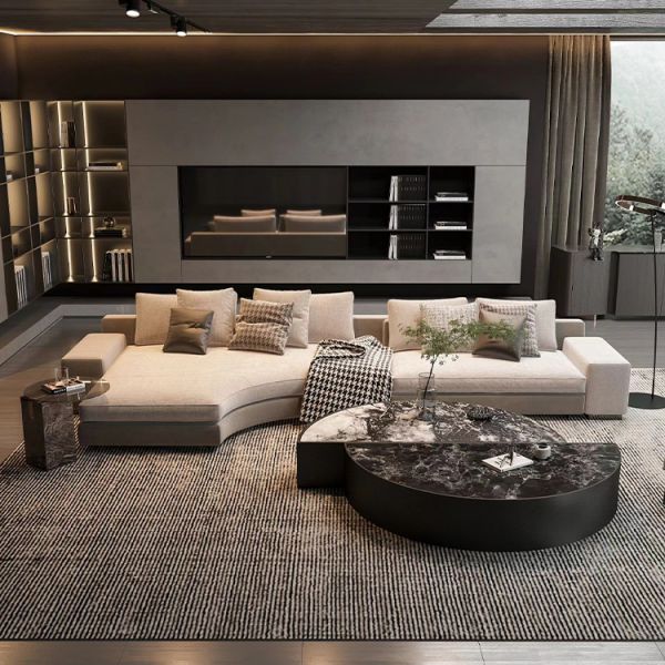 China Fabric Modern MOYI Long Sectional Couch Light Gray L Shape Sofas Set Italian Sofas Minimalist Style for Home Luxury factory