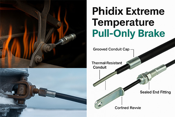 Composite image showing a Phidix pull-only brake cable operating in extreme environments: left side in snow-covered outdoor machinery, right side near a hot engine compartment, with technical overlay illustrating temperature durability.