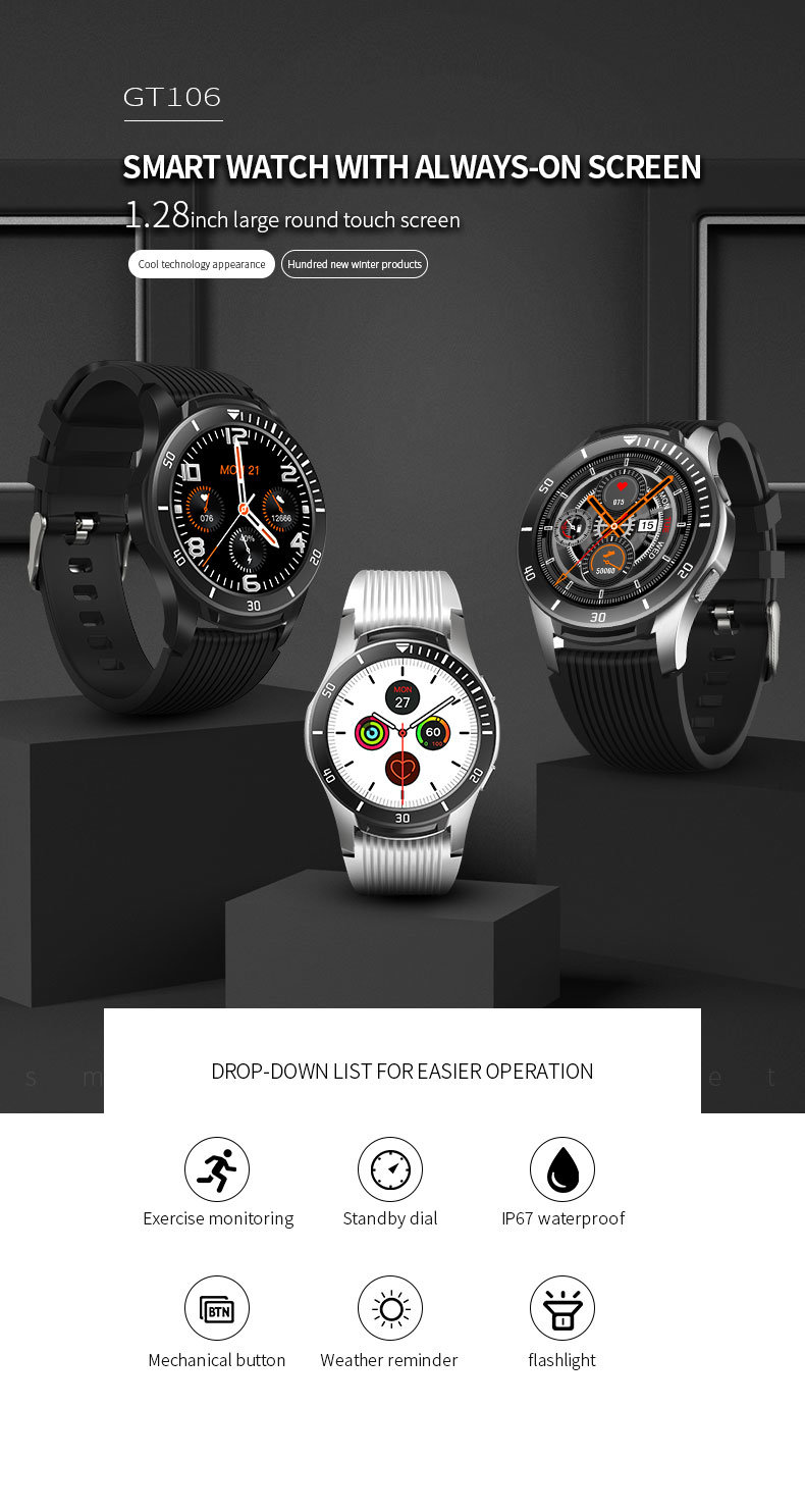 Mechanical Button Gt107 Android Sport Waterproof Watch Silicone Digital Smartwatch NFC