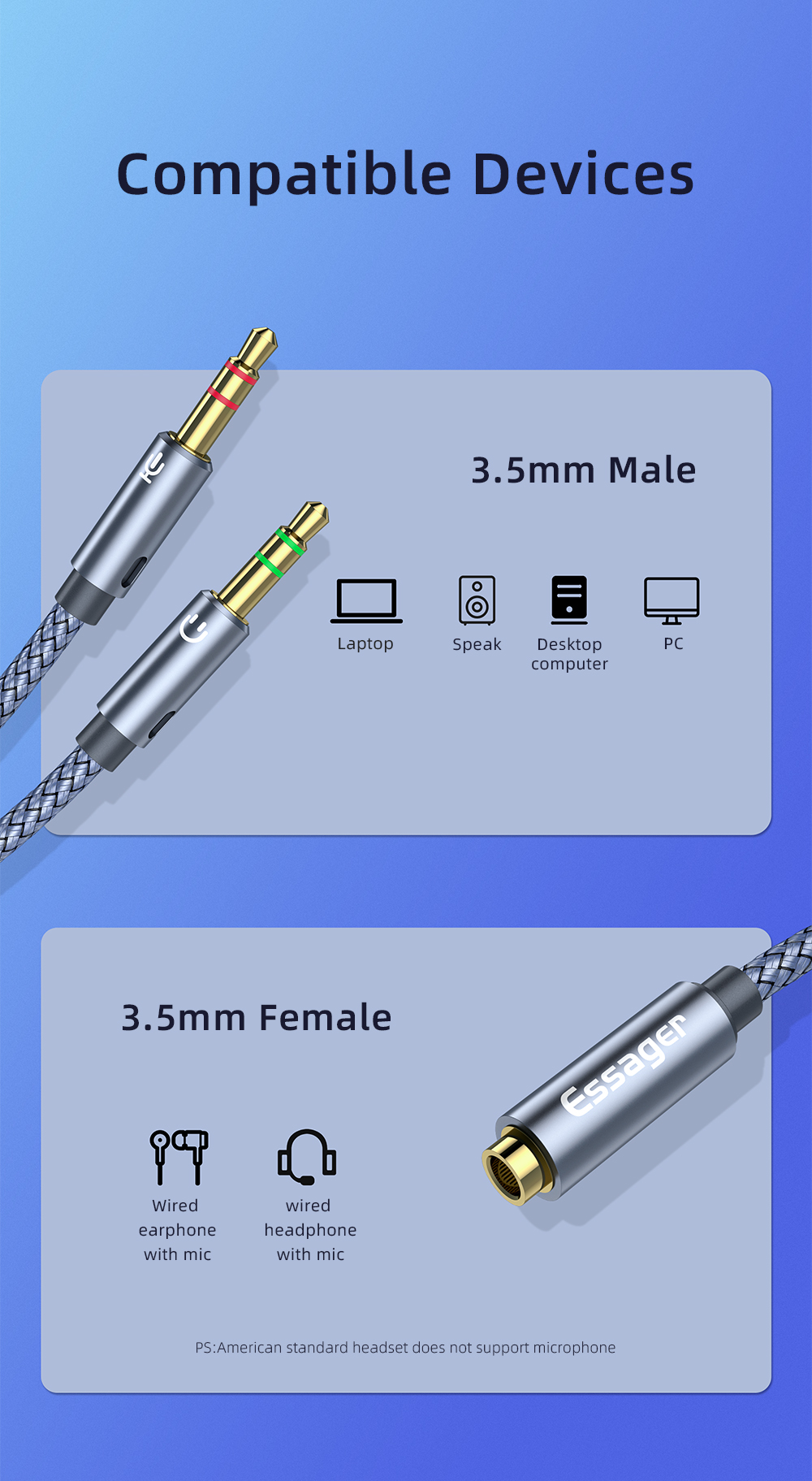 Audio Converter Female to 2 Male Audio Adapter Cable with 3.5MM Interface