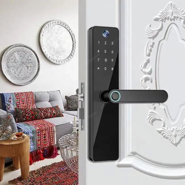 Peephole Camera Smart Front Door Locks TH-505 Black Biometric Code Card Key Tuya