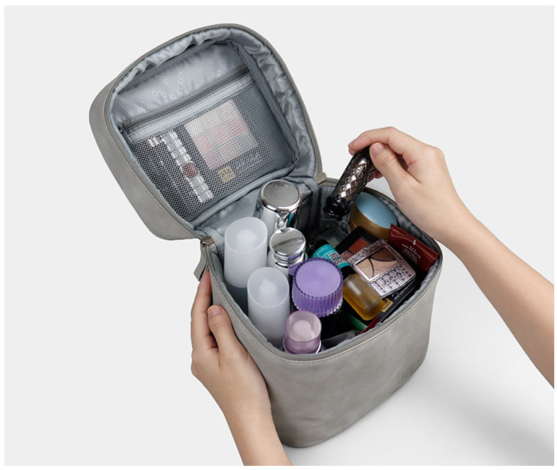 Women Suede Surface PU Make Up Vanity Bag Case Double Zippers