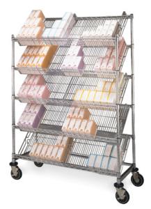 China 5 Layers Slant Tilt Show Room Commerical Angled Wire Shelving With Castors factory