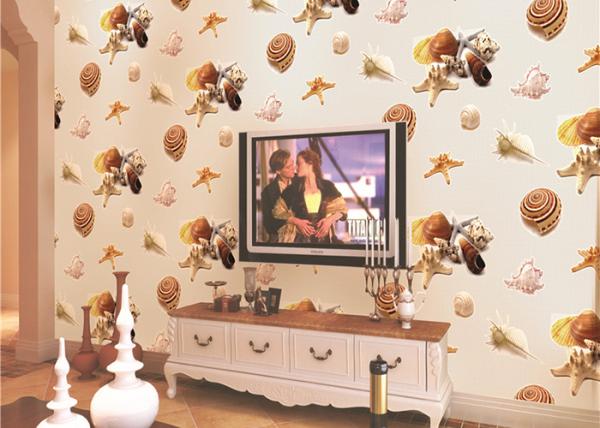 Eco-Friendly Mediterranean Style Non-Woven Wallpaper With Conch And Starfish