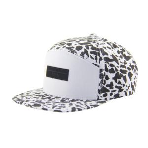 China Fashion Allover Print 5 Panel Camp Caps With Leather Patch Embossed Logo On Front factory