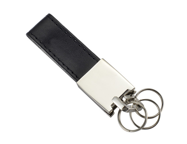 Debossed Logo Metal Black PU Leather Keychain 3 Small Rings Keyring