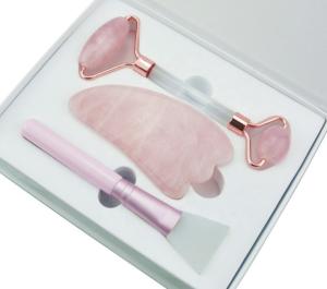 China 3 Pieces Jade Roller Gua Sha Set De Puffing Rose Quartz Facial Roller factory