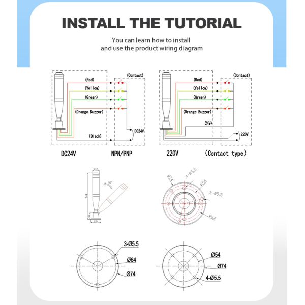 Three Color Led Alarm Tower Light With Buzzer AC 220V 90dB Buzzer Aluminum Shell