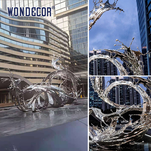 Large Scale Stainless Steel Sculpture Artists With Water Splashes In Outdoor Squares