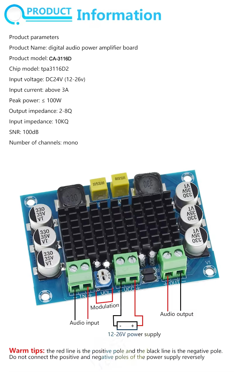 100W High Power Mono Audio Amplifier Board CA-3116D TPA3116D2 for Home Amplifier