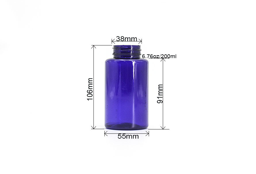 6.76oz/200ml Blue PET Plastic Universal Packaging Bottle, Health Medicine Pill And Capsule Bottle With Screw Cap