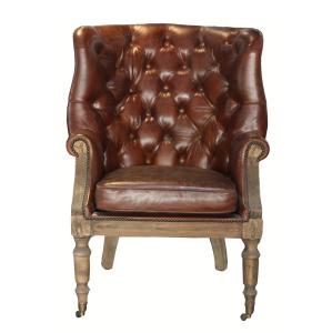 China Button Wingback Chair Antique Leather Armchairs With Deconstructed Wheels factory