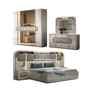 China Modern Luxury Complete Bedroom Furniture Set Wood Double Bed Home Master Room Storage Wooden Frame Full king Size Bedroom Sets on sale