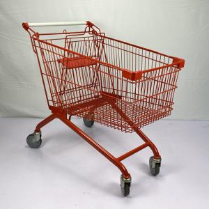 China Red Spray 180L European Metal Shopping Trolley Cart With White Handle TPR Wheels factory