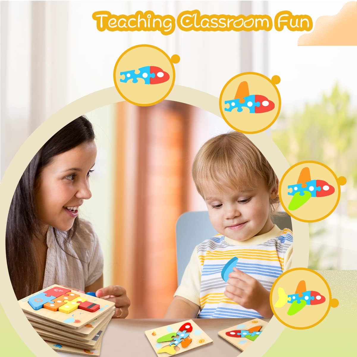 Unisex Kids Infant Toddlers 6 Packs Vehicle Shape Wooden Puzzles for Sensory Learning