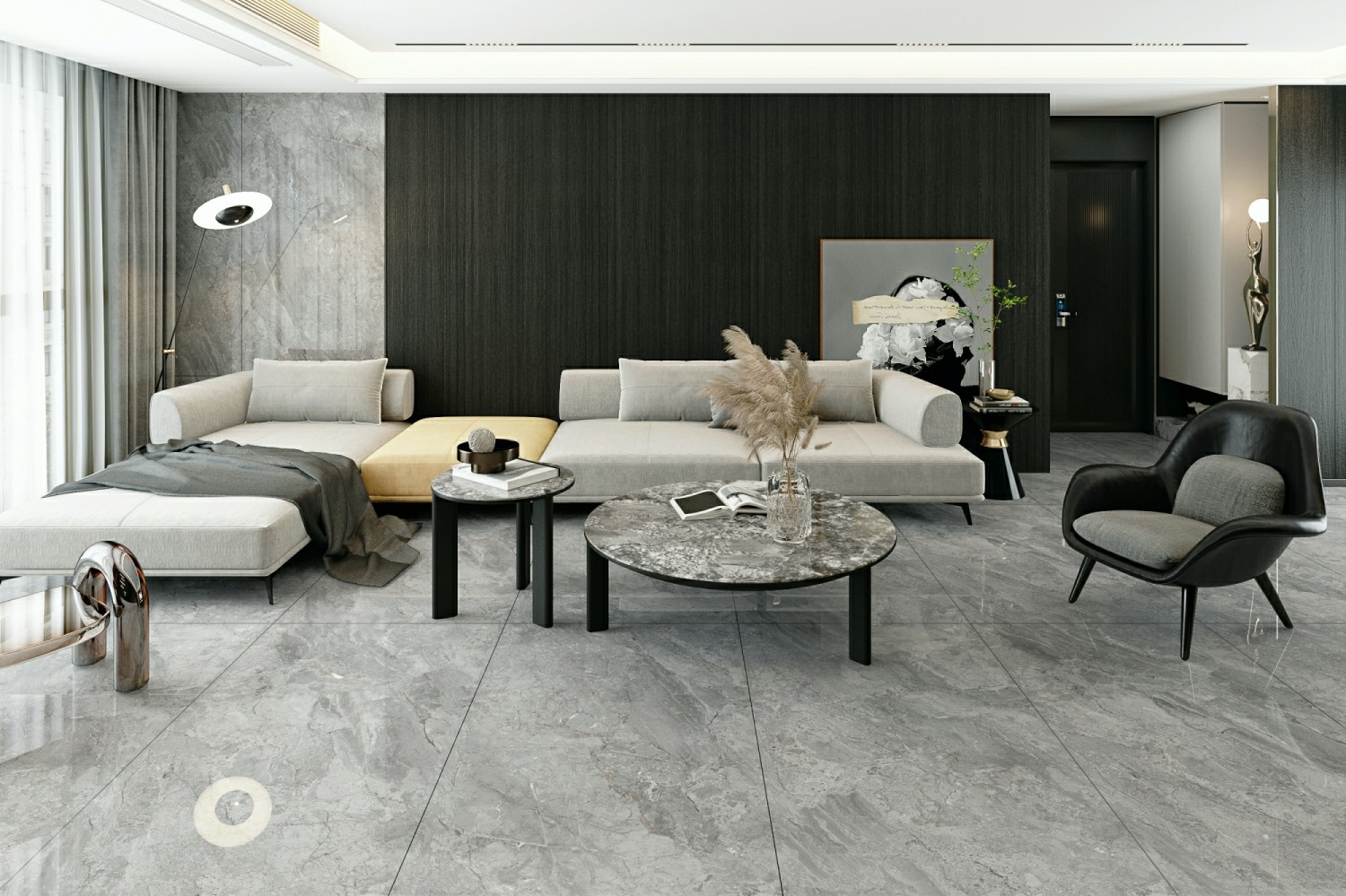 Grey Elegant Exterior Wall And Indoor Floor 900x1800x9mm Glazed Polished Porcelain Tile For Renovation And Project