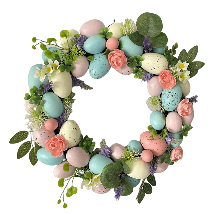 Senmasine Egg Easter Wreath for Front Door Hanging Spring Decor Mixed Colorful Plastic Eggs Artificial Leaves Flowers Wreaths