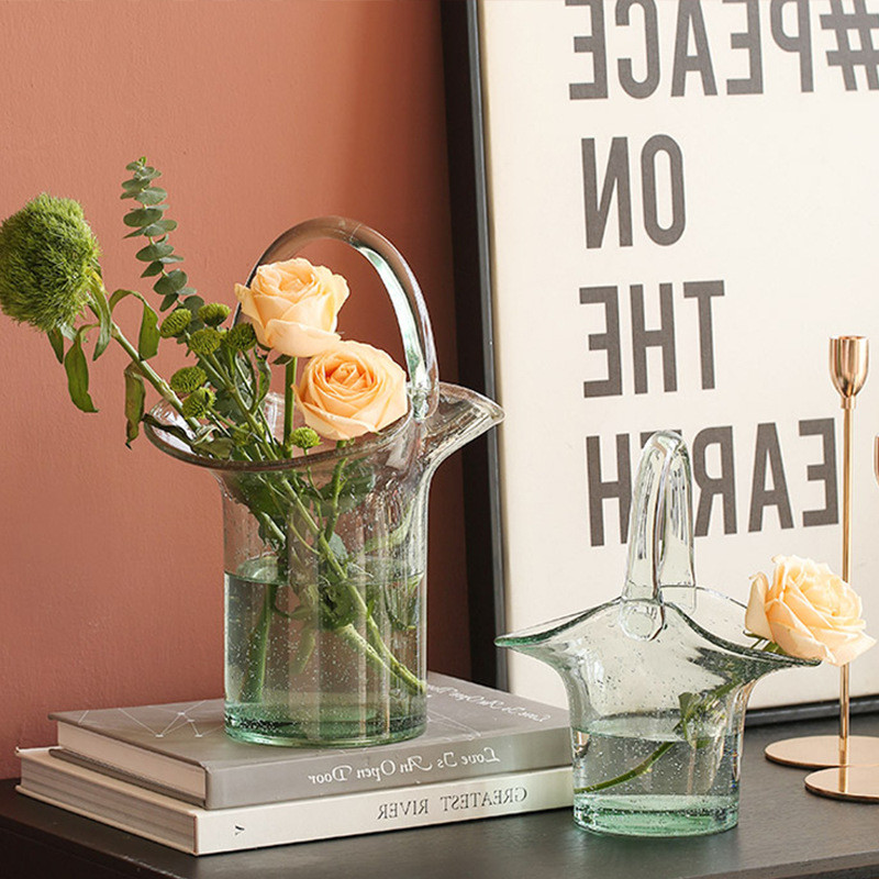 Clear Polished Baskets Hand Blown Decorative Glass Vases