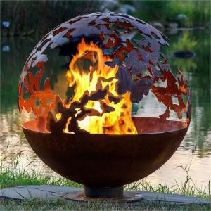 China 80cm Dia Butterfly Theme Corten Steel Ball Shaped Fire Pit For Patio Heater factory